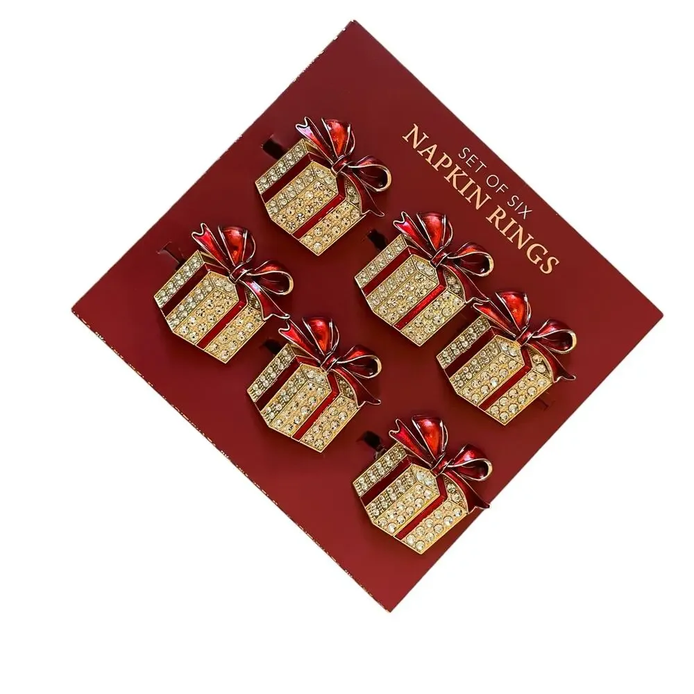 Envogue Rhinestone CHRISTMAS Present Napkin Rings Set of 6 Holiday Red Gold New